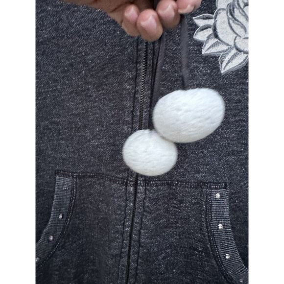 Y2K Vintage Women’s Ed Hardy Sherpa Lined Pom Pom String Studded Hoodie Sz S - Picture 6 of 15